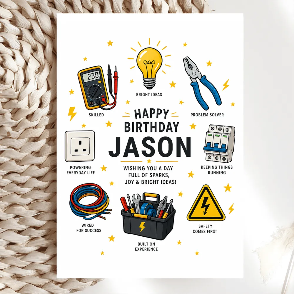 Electrician Birthday Card | Sparks of Joy - birthday card, electrician birthday card, electrician birthday, bright