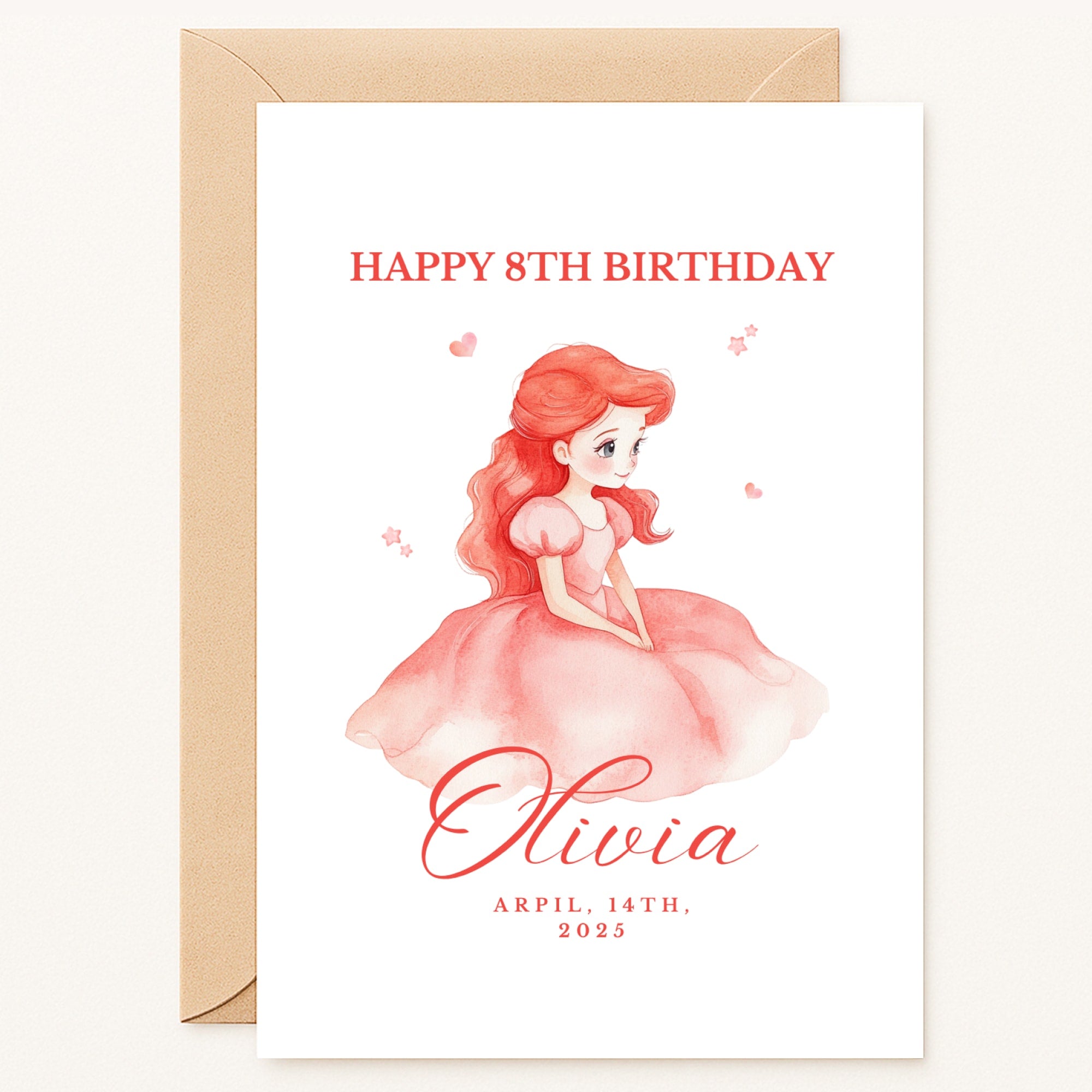 personalised 8th birthday card for girl with seated red-haired princess in pink gown