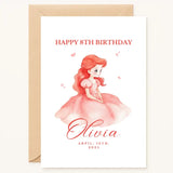 personalised 8th birthday card for girl with seated red-haired princess in pink gown