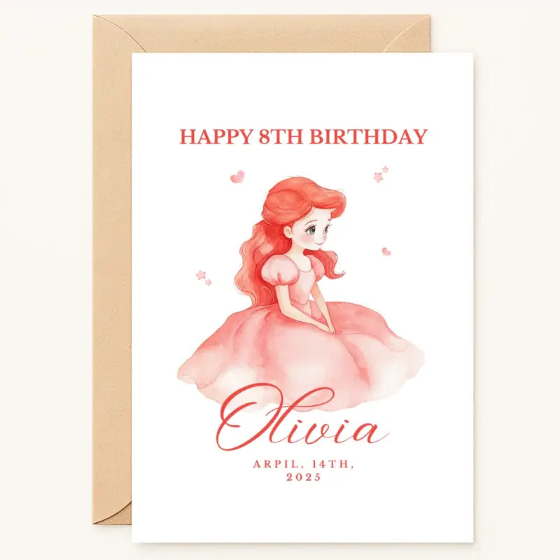 personalised 8th birthday card for girl with seated red-haired princess in pink gown