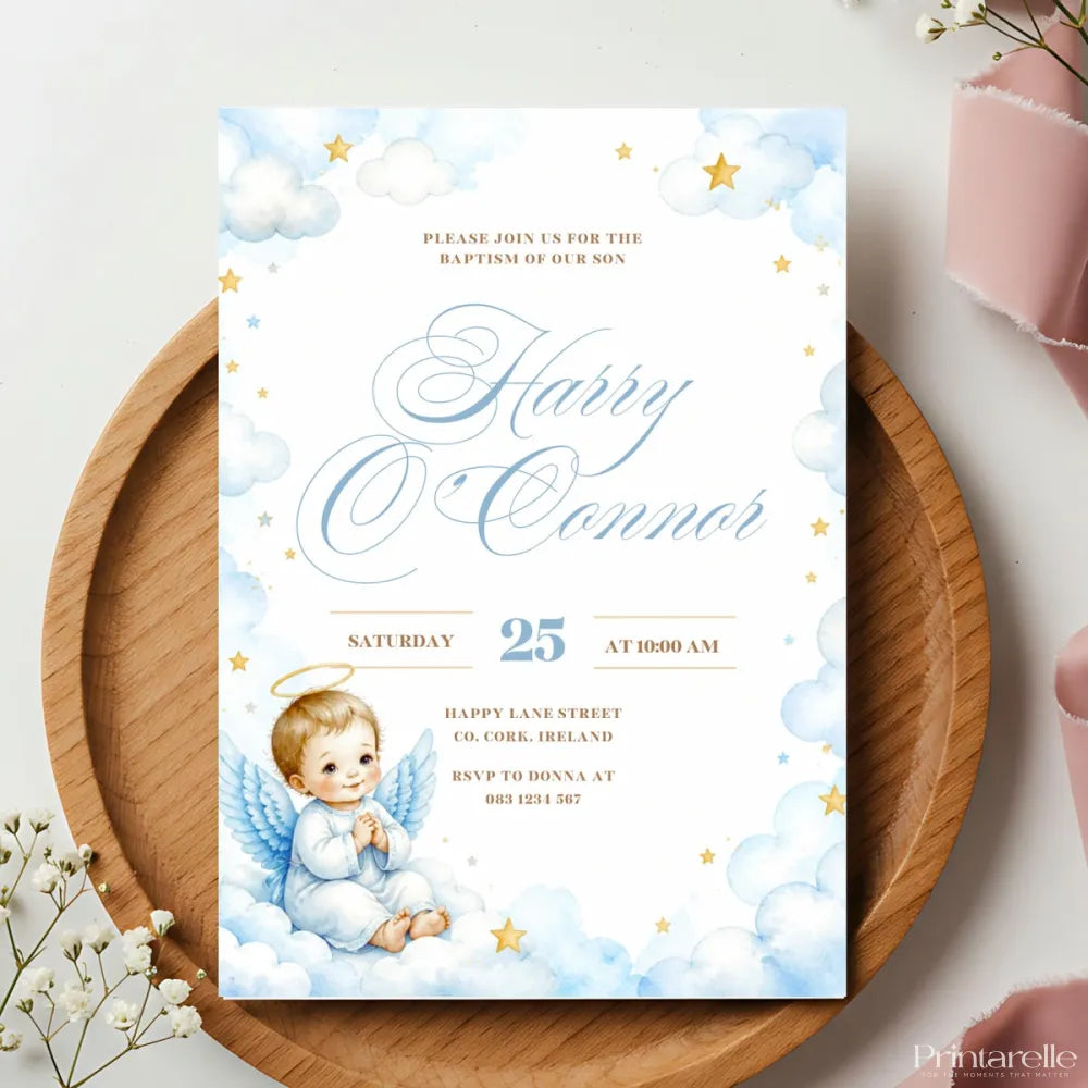 Elegant Baby Angel Boy Baptism Invitation | Calligraphy - baby angel, elegant baby angel, elegant baby, baptism