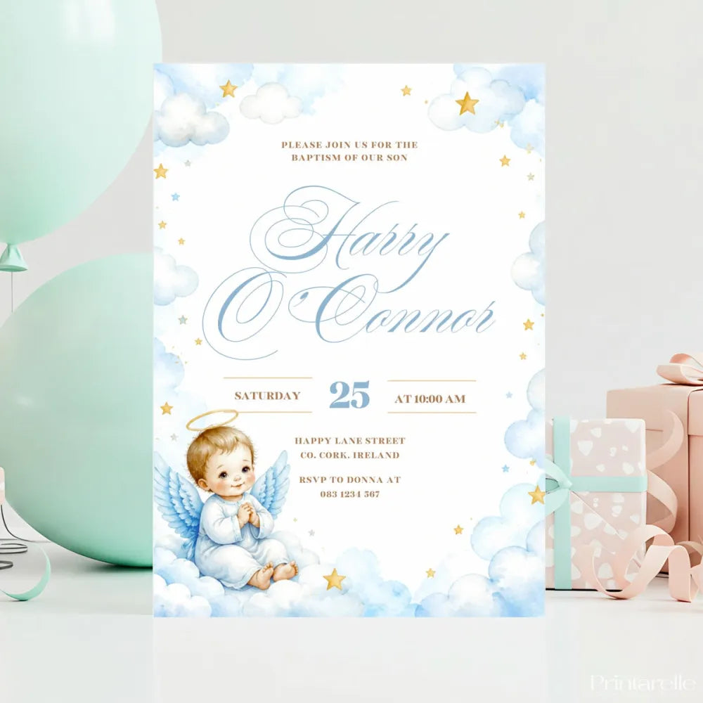 Elegant Baby Angel Boy Baptism Invitation | Calligraphy - baby angel, elegant baby angel, elegant baby, baptism
