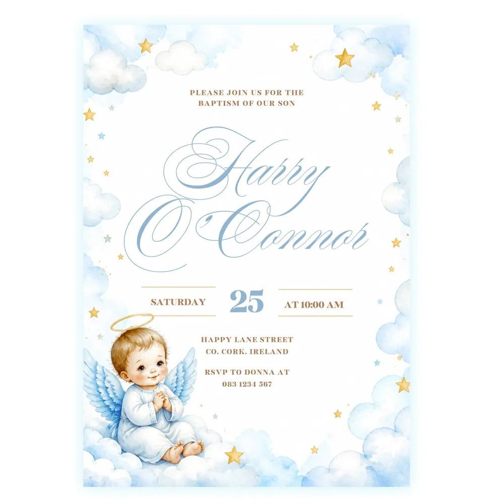 Elegant Baby Angel Boy Baptism Invitation | Calligraphy - baby angel, elegant baby angel, elegant baby, baptism