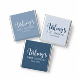 Three mini neapolitan chocolates wrapped in blue and white foil with elegant script for aisling baby shower favors