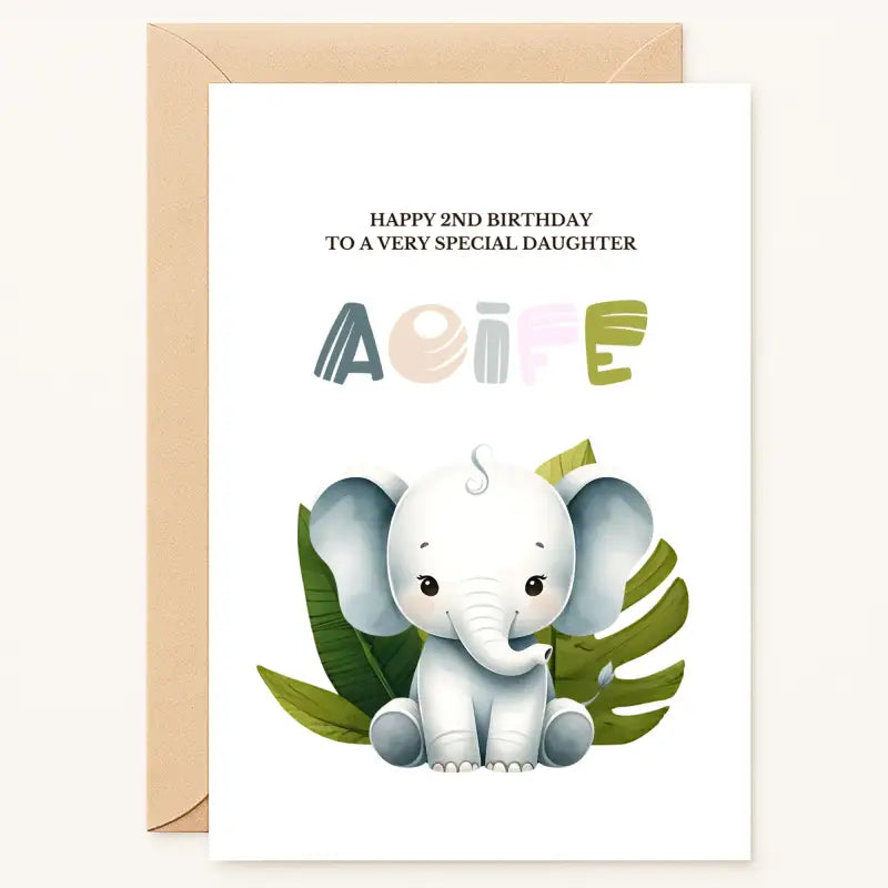 personalised elephant 2nd birthday card for daughter with jungle leaves and name