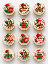 Christmas-themed cupcake toppers with white frosting and colorful elf plaque toppers made from icing sheet