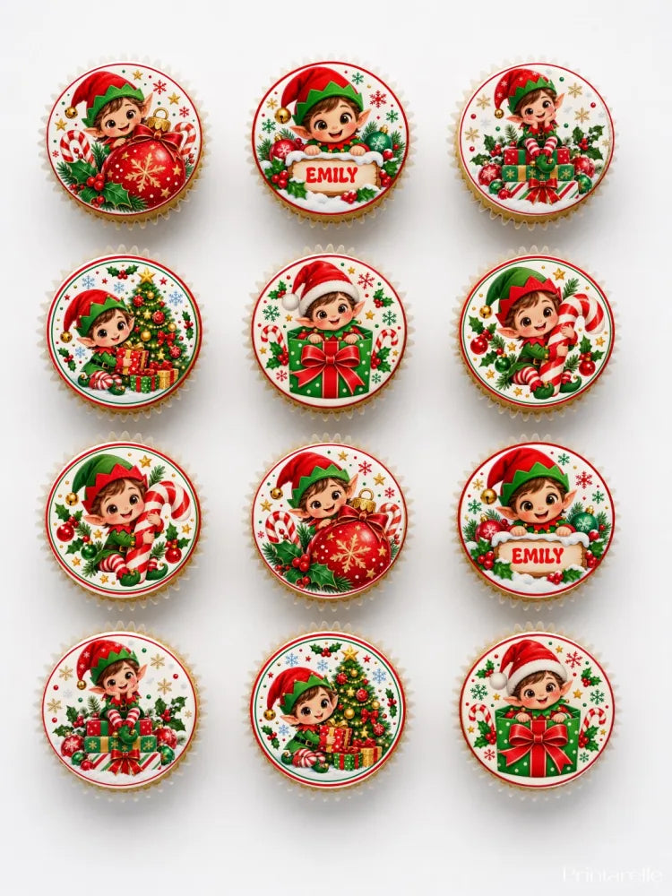 Elf name plaque cupcake toppers with festive red green and white icing sheet designs for personalized christmas fun