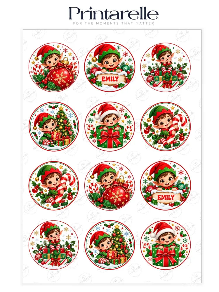 Christmas elf name plaque toppers with cheerful elves on icing sheet cupcake toppers in festive red and green colors