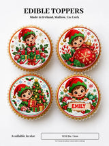 Christmas elf name plaque toppers with cheerful elf illustrations on edible icing sheet cupcake toppers in red and green
