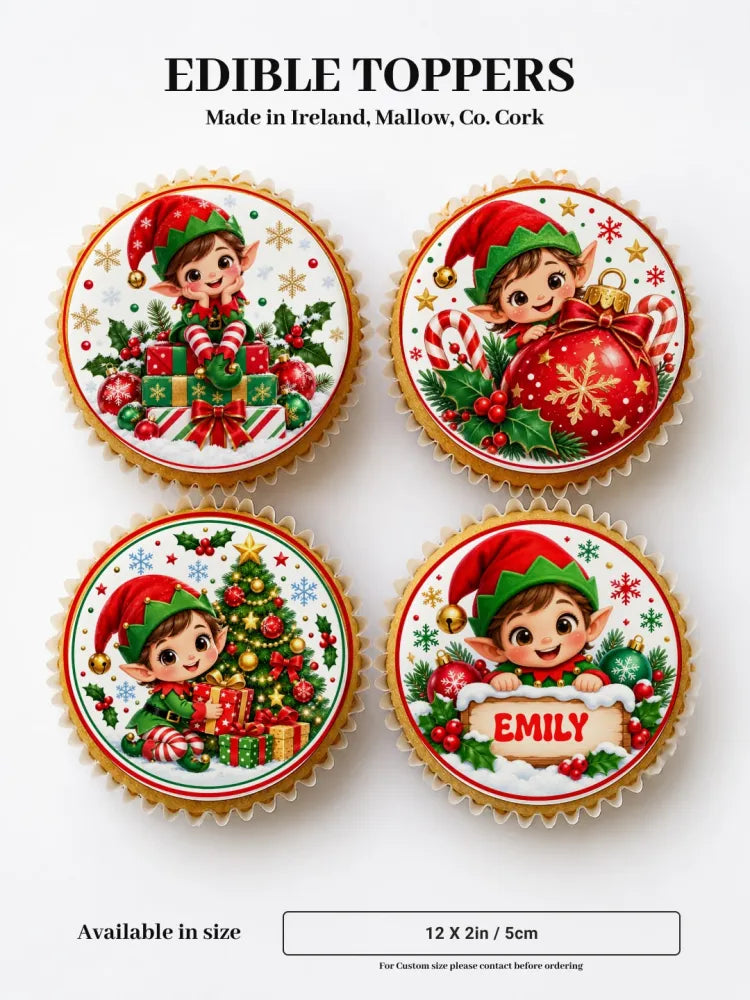 Christmas elf name plaque toppers with cheerful elf illustrations on edible icing sheet cupcake toppers in red and green