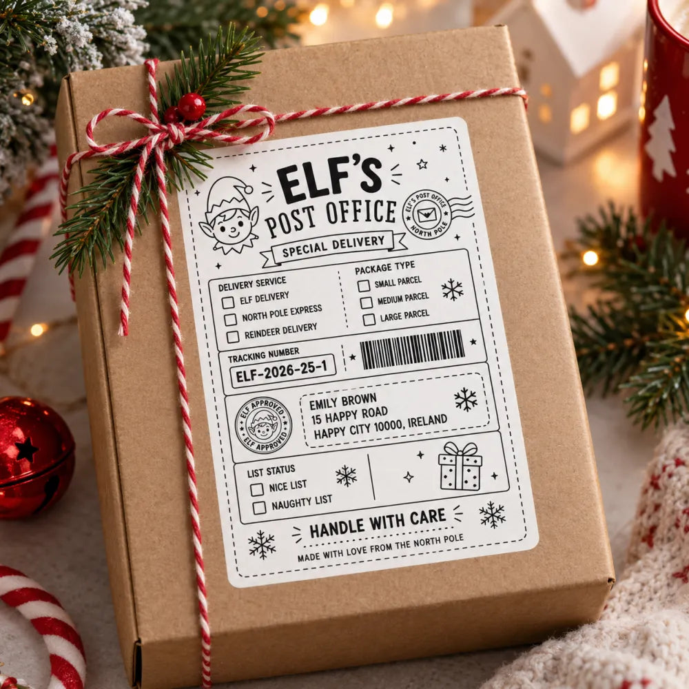 A festive brown cardboard gift box with a red and white ribbon and elf’s post office shipping label for christmas parcels