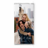 Personalised silver 40g chocolate bar with engagement photo and engraved text emily and finn 25 10 2026