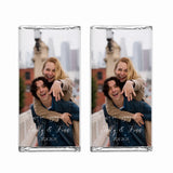 Personalised 40g chocolate bar with silver foil wrap and a photo of two people laughing on the front for engagement gifts