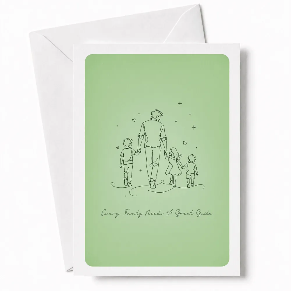 Behind every happy family is a dad who shows the way. This tender card features a flowing line art illustration