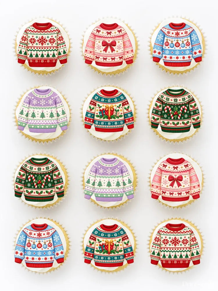 Christmas fair isle edible cupcake toppers with colorful knitted jumper icing sheet designs for festive treats