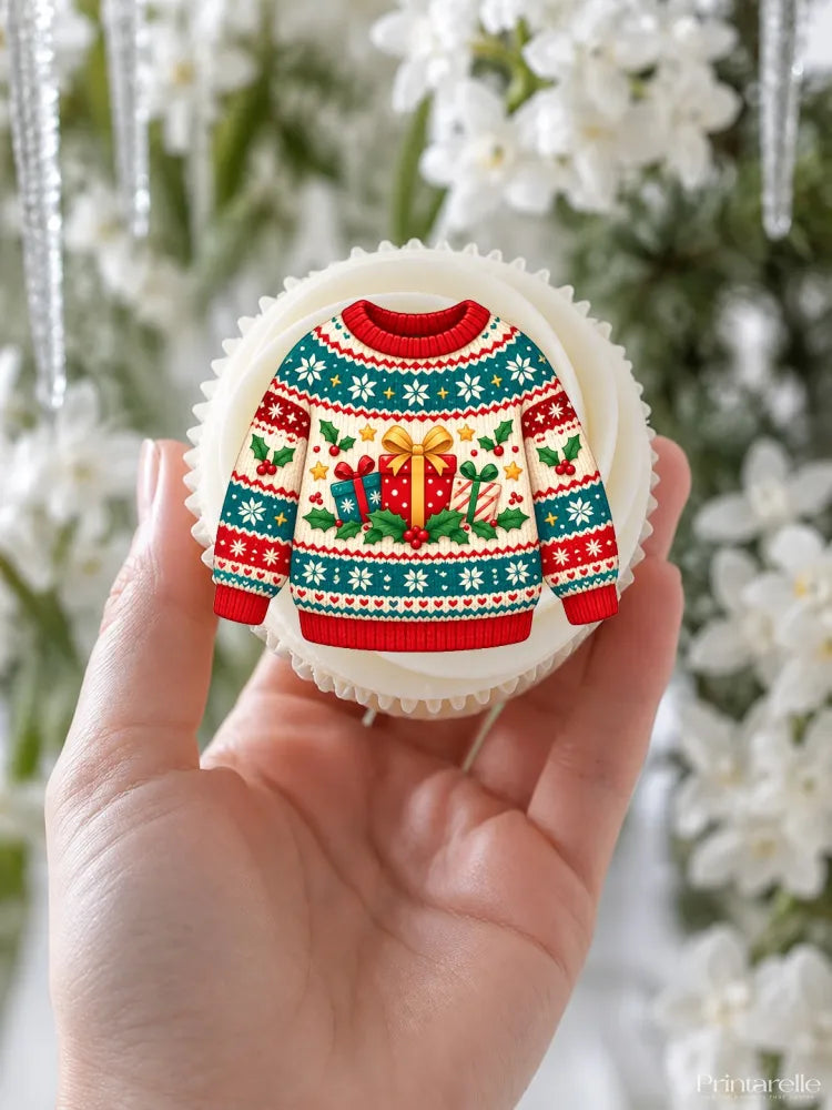 A festive fair isle edible cupcake topper with white frosting and colorful knitted christmas icing sheet design