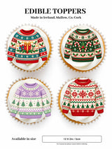 Fair isle edible cupcake toppers with knitted christmas sweater patterns in red green purple and white icing sheets