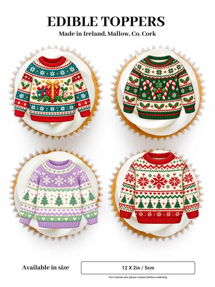 Fair isle edible cupcake toppers with knitted christmas sweater patterns in red green purple and white icing sheets