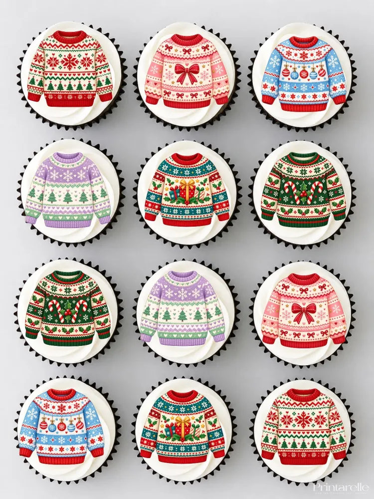 Fair isle jumper edible cupcake toppers with white frosting black scalloped edges on icing sheet for christmas cupcakes