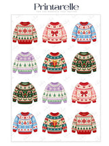 A collection of colorful fair isle knitted christmas sweaters with intricate patterns on edible cupcake icing sheets