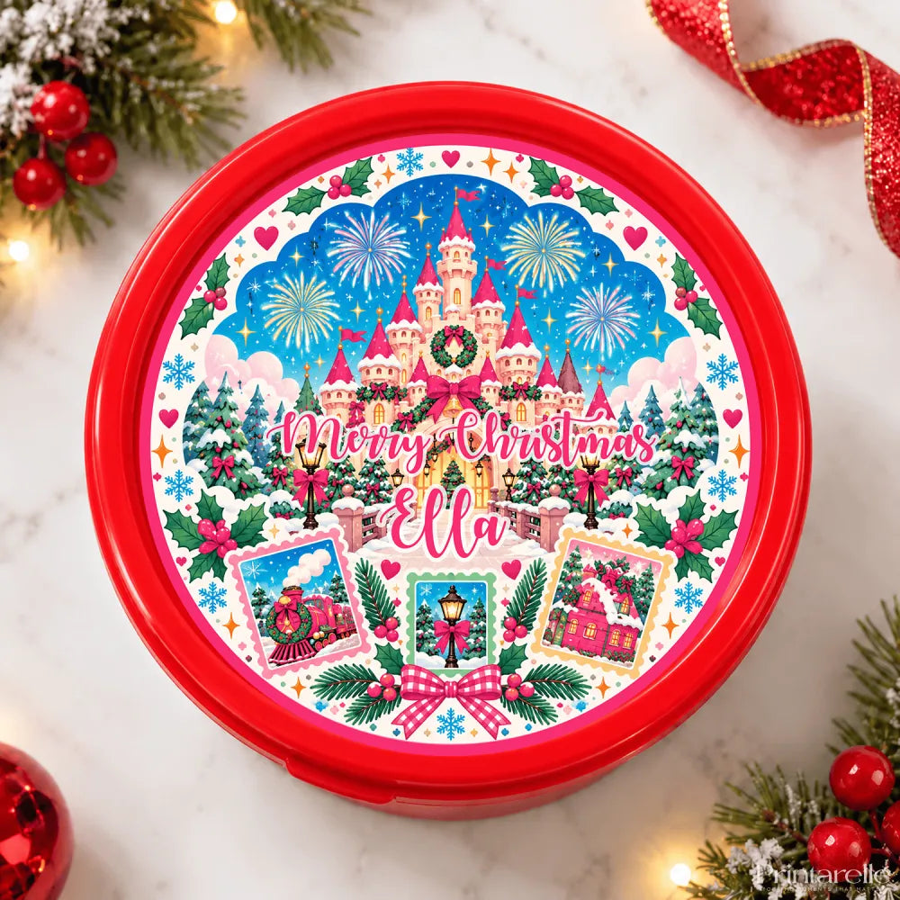 Red circular cookie jar with fairytale castle christmas tub sticker and merry christmas ella in pink script