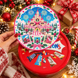A festive red fairytale castle christmas tub sticker with a colorful lid and assorted chocolate bars inside