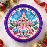 Purple circular cookie tin with fairytale castle merry christmas design and personalised tub sticker ella in pink script