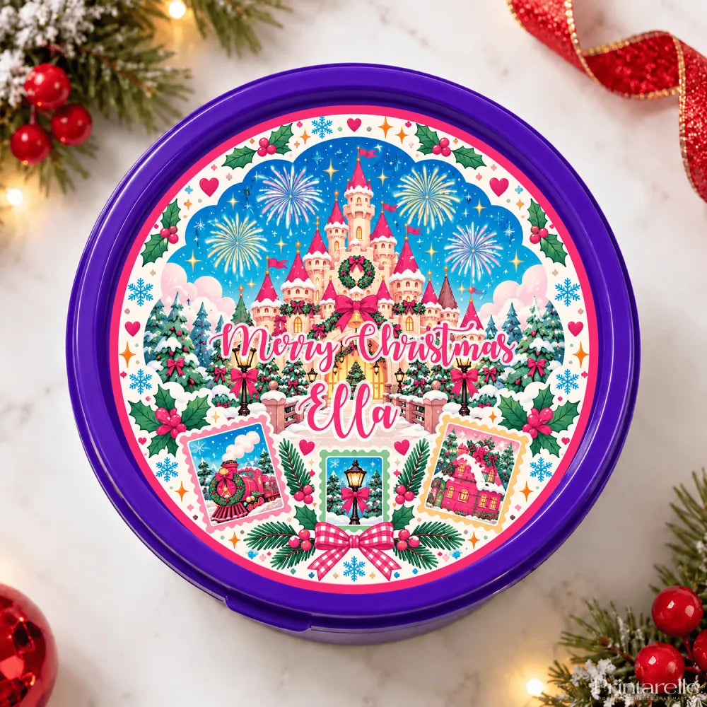 Purple circular cookie tin with fairytale castle merry christmas design and personalised tub sticker ella in pink script