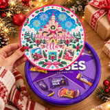A festive purple fairytale castle christmas tub sticker with a personalized lid featuring holly snowflakes and fireworks