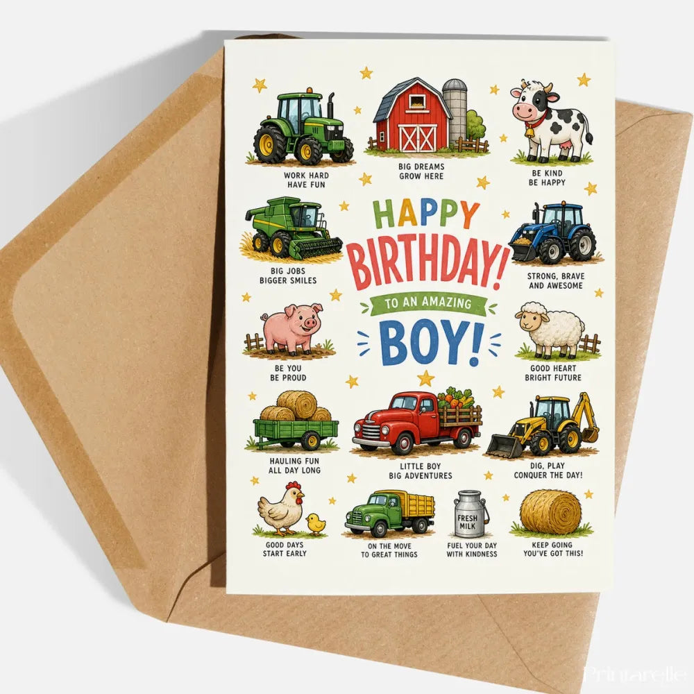 Farm Birthday Card for Boys - Tractor and Animals - birthday card, farm birthday card, farm birthday, happy birthday,