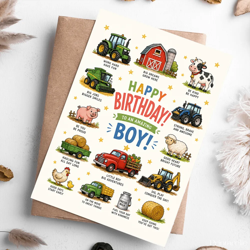 Farm Birthday Card for Boys - Tractor and Animals - birthday card, farm birthday card, farm birthday, happy birthday,