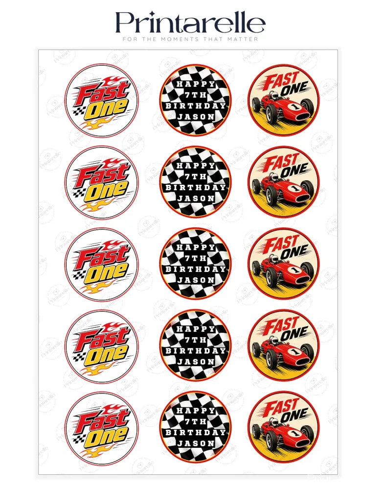 Red racing car themed circular cupcake toppers with black and white checkered flag icing sheet design