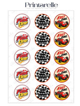 Red racing car themed circular cupcake toppers with black and white checkered flag icing sheet design