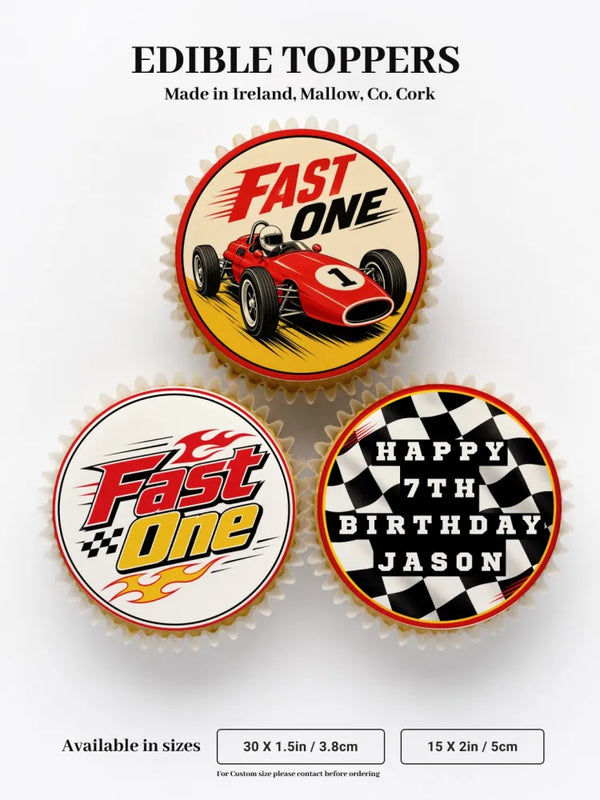 Fast one racing car personalised cupcake toppers with red and yellow icing sheet race car designs and checkered flags