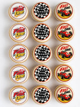 Fast one racing car cupcake toppers with red cars and black white checkered flag icing sheet designs