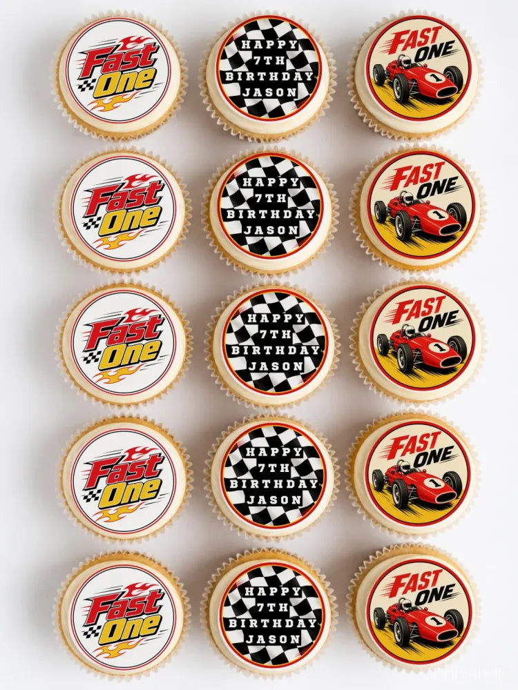 Fast one racing car cupcake toppers with red cars and black white checkered flag icing sheet designs