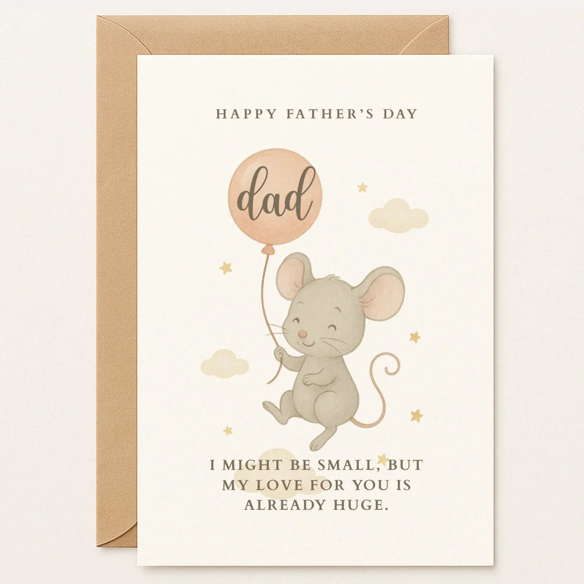 Father’s Day greeting card with a baby mouse holding a “Dad” balloon and a heartfelt message. Perfect for kids and sentimental gifts.