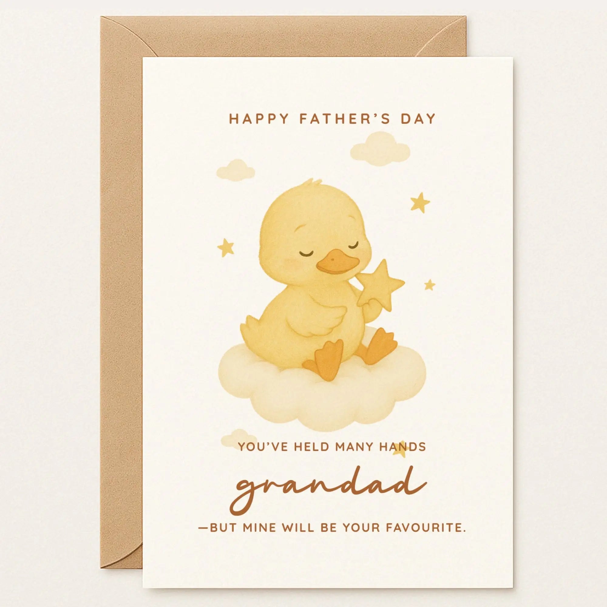 Father’s Day card for Grandad featuring a baby duck on a cloud holding a star. Includes the quote: “You’ve held many hands, but mine will be your favourite.”