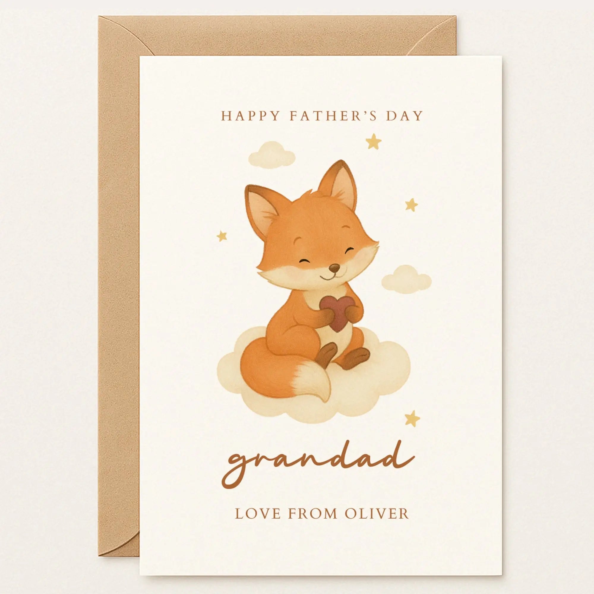 Father’s Day card for Grandad featuring a cute fox on a cloud holding a heart. Message: “Love from grandson.”