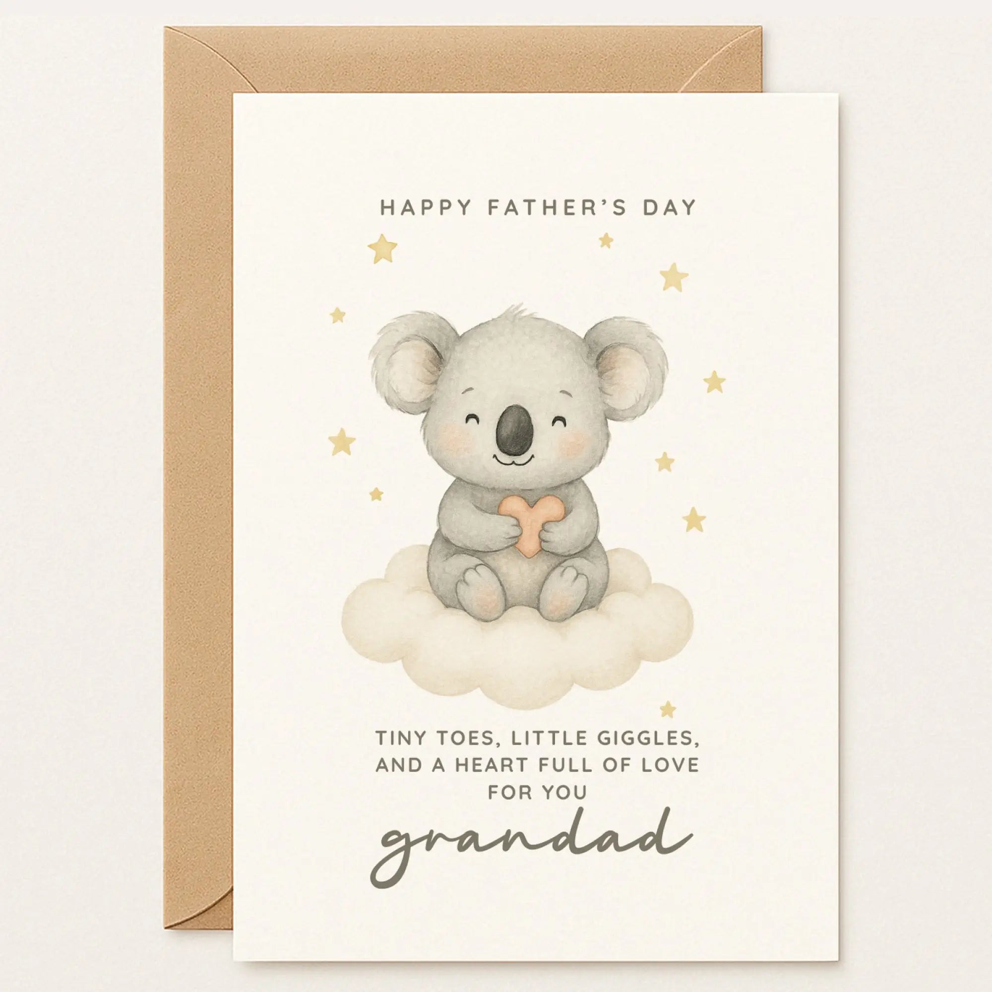 Father’s Day card for Grandad with a baby koala holding a heart on a cloud. Message: “Tiny toes, little giggles, and a heart full of love for you.”