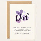 Heartfelt Father’s Day Card for Dad – Purple Heart Layers & Hero Tribute Design. Celebrate Dad with a heartfelt card featuring layered purple hearts and a touching tribute. Handmade in Ireland by Printarelle. 