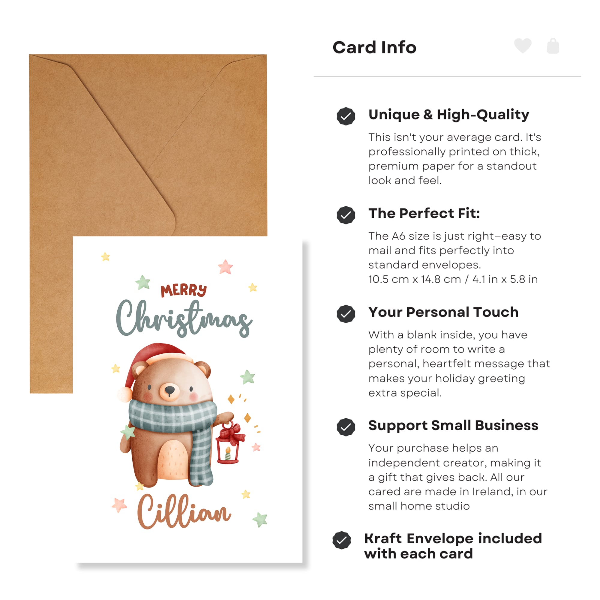 Christmas card with bear illustration and envelope, featuring text about card details and support for small businesses.
