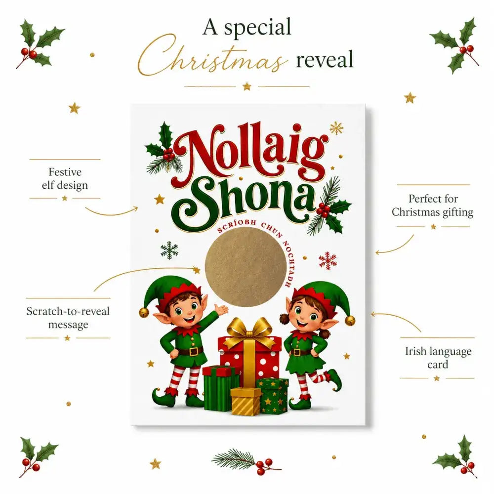 A festive nollaig shona scratch reveal card with irish elves in green outfits and colorful gifts in irish language