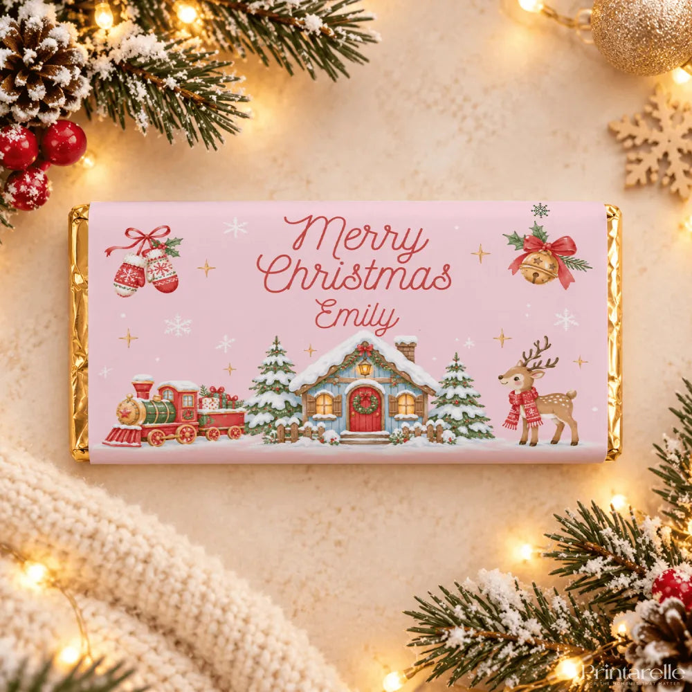 A pink chocolate bar wrap with gold foil featuring a festive christmas scene with a steam train and merry christmas emily message