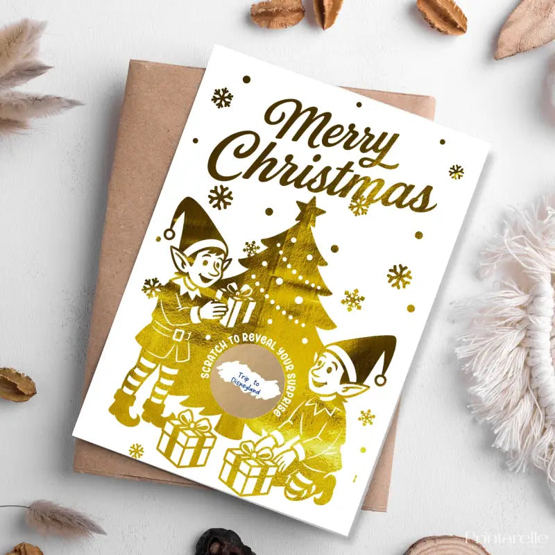 Christmas card with gold elves and tree design on a white background