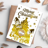 Christmas card with gold elves and tree design on a white background