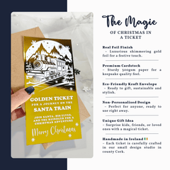 Christmas-themed gold ticket with a train illustration, held by a hand, on a white background with text about the product.