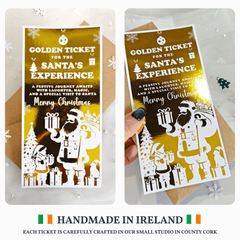 Two 'Golden Ticket for the Santa's Experience' cards with a festive design, held by a hand against a white background.