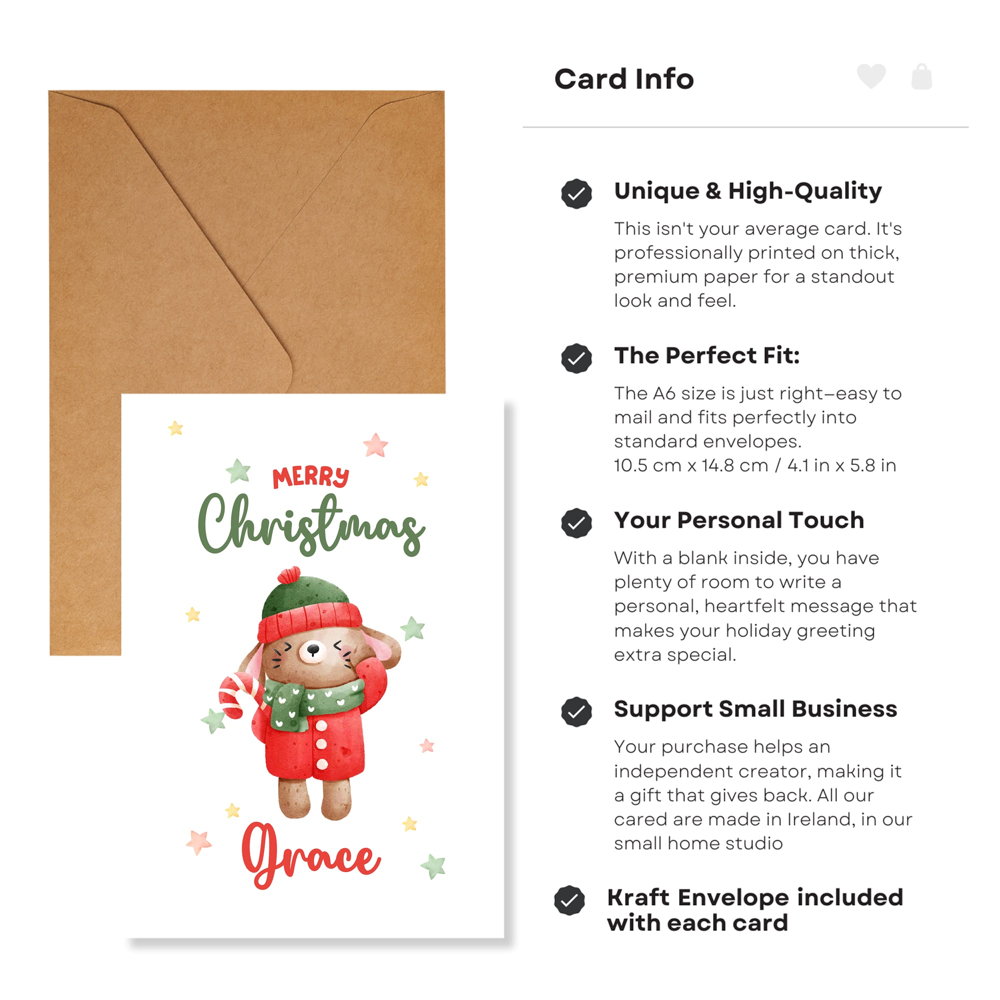 Christmas card with a bunny illustration and brown envelope, featuring text about card quality and features.