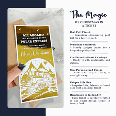 Christmas ticket with Polar Express design held by a hand, displayed on a gray surface.
